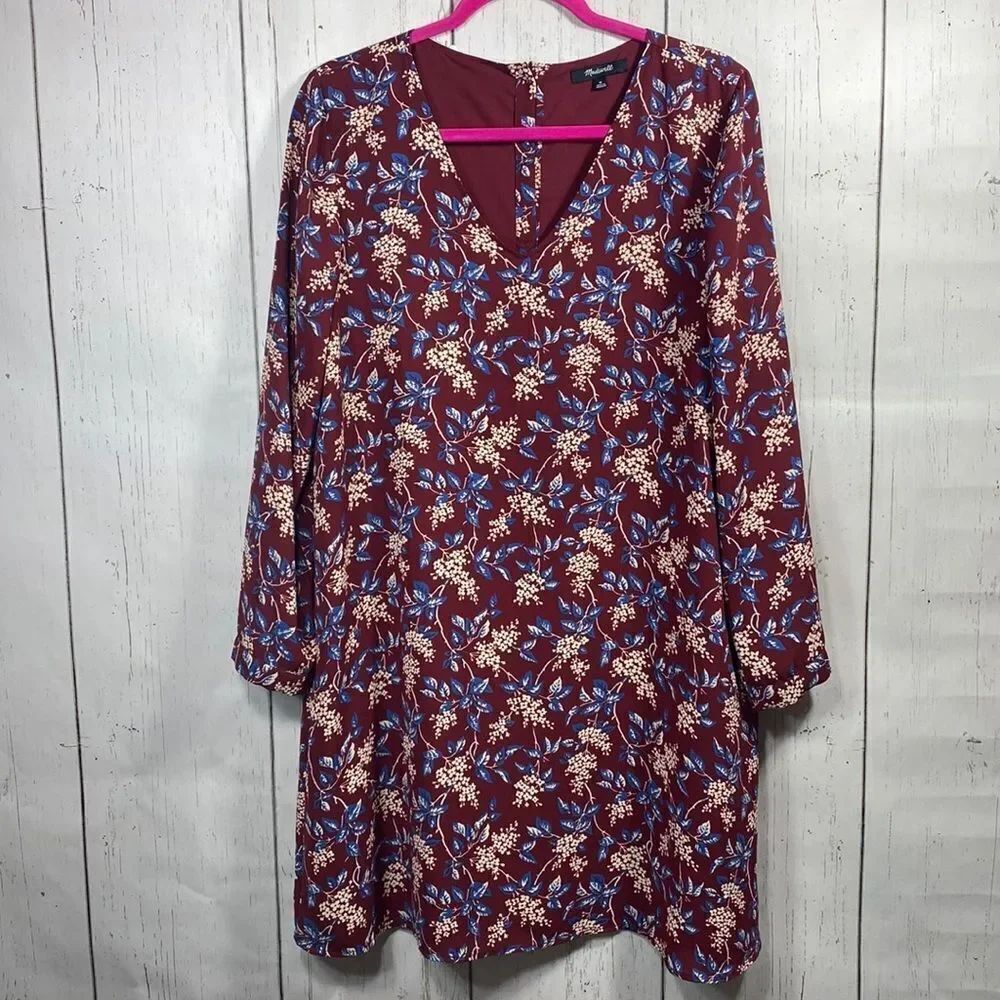Madewell Burgundy Floral V-Neck Long Sleeve Mini Dress M Boho Cottagecore